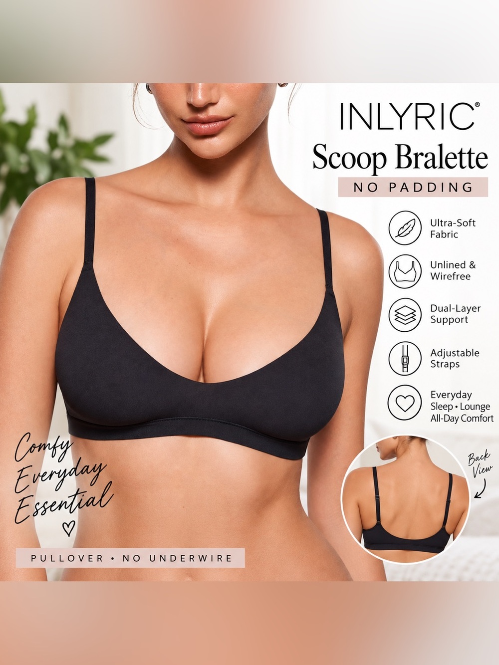 INLYRIC Women’s Scoop Bralette Black Wirefree No Padding Adjustable Strap Bra38E
